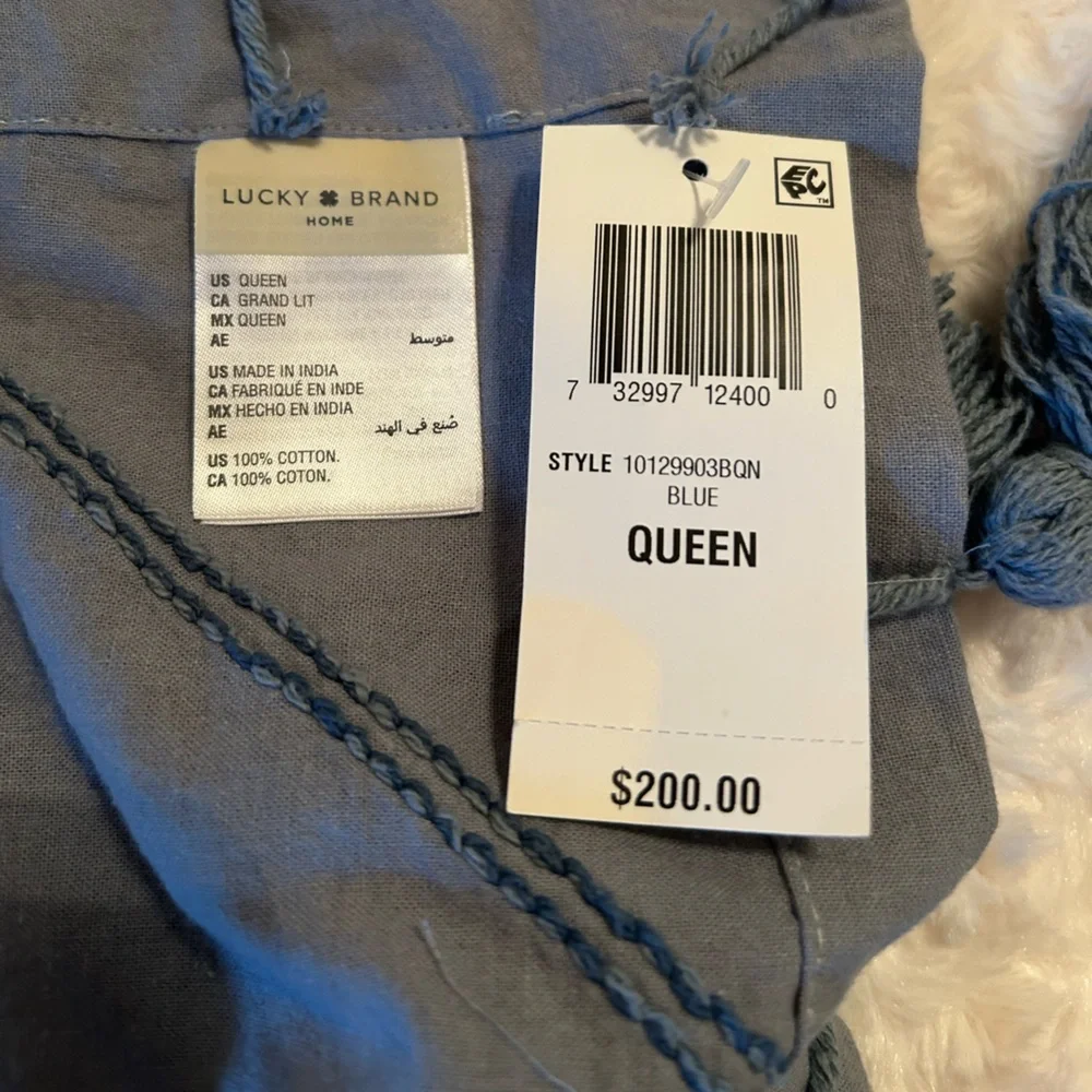 Lucky Brand Queen Dusty Blue Boho Comforter Bedspread Textured Fringe